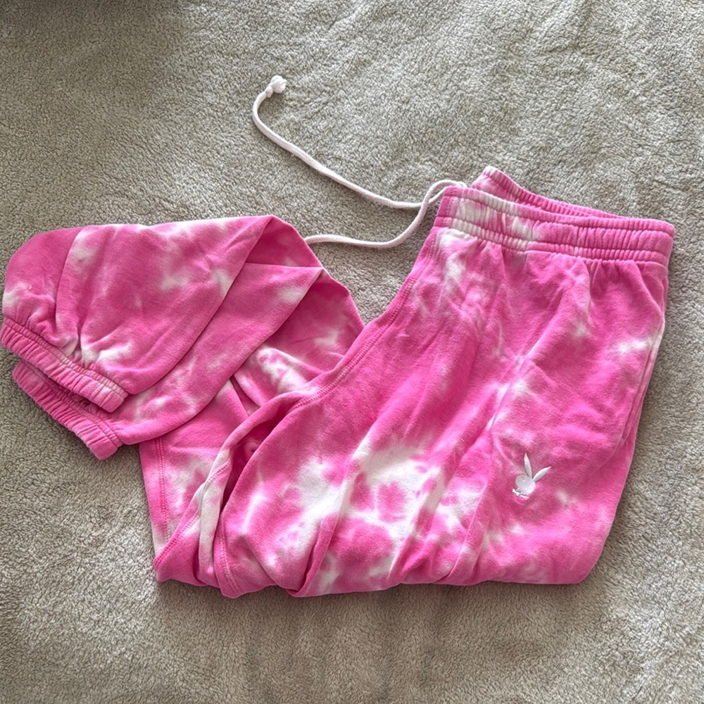 PLAYBOY Pacsun Pink and White Tie-Dye Sweats: large